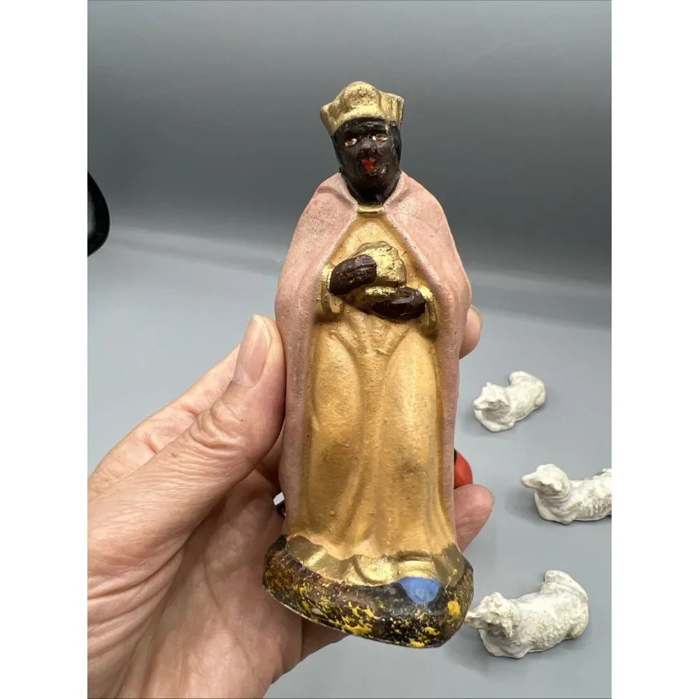 Vtg German Papier-Mâché Nativity 7 Pieces Christmas Lambs Magi Mary Old w/ Wear